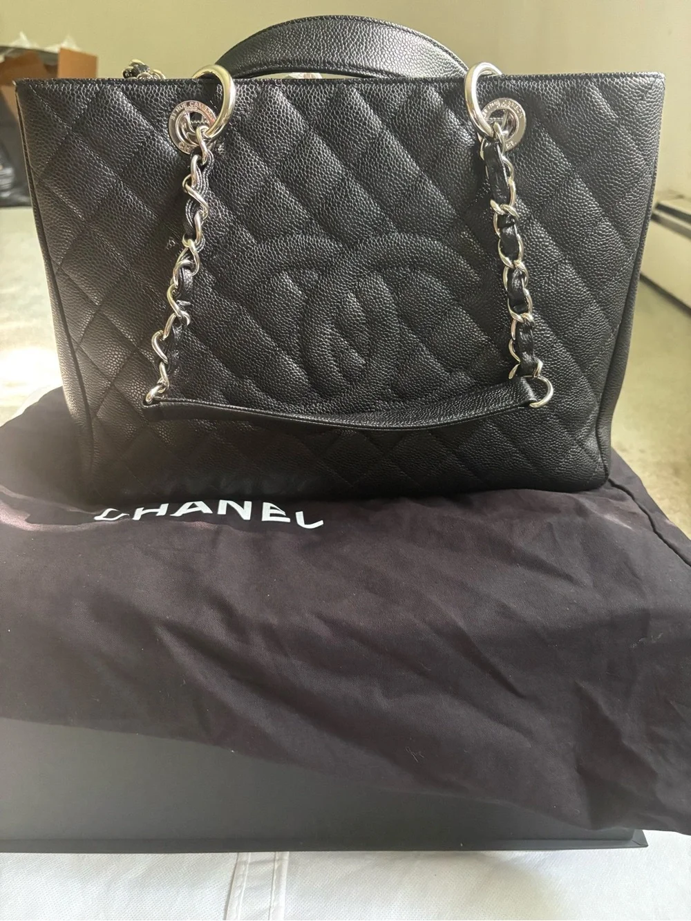 CHANEL Black Quilted Caviar Leather Tote with Silver Chain Handles